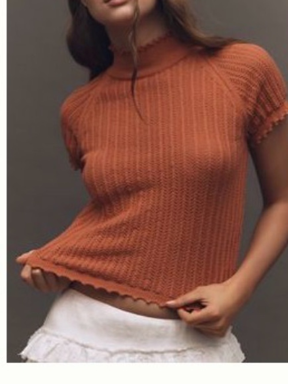 Anthropologie Women's Ribbed Short Sleeve Sweater Top - Rust